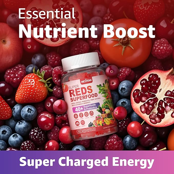 Fruit and Veggie Supplement, Super Greens & Reds Gummies w/40+ Superfoods, Multivitamin, Polyphenol, Spirulina Chlorella, Beet Root Powder Alternative, Support Energy Antioxidants & Gut Health, 120Cts
