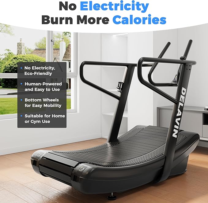 DELAVIN Curved Manual Treadmill, Non Electric Treadmill with 4 Resistance Levels, Motorless Treadmill with Front Digital Display and Handlebar, Wide Belt Treadmill 440LBS Capacity for Home Gym(FBA)