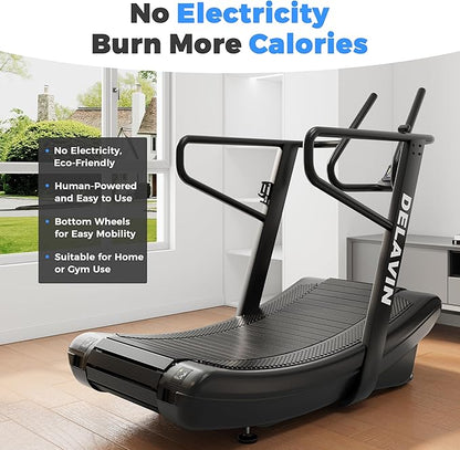 DELAVIN Curved Manual Treadmill, Non Electric Treadmill with 4 Resistance Levels, Motorless Treadmill with Front Digital Display and Handlebar, Wide Belt Treadmill 440LBS Capacity for Home Gym(FBA)