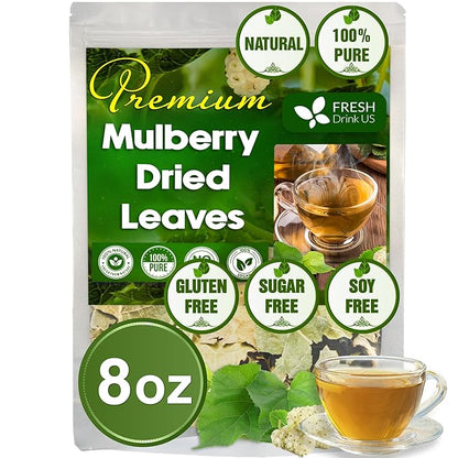 FreshDrinkUS, Permium 8oz Mulberry Leaves, 100% Natural & Pure from Mulberry Leaves, Mulberry Leaf Tea, Mulberry Loose Leaf Herbal Tea, No Additives, No Caffeine, Vegan