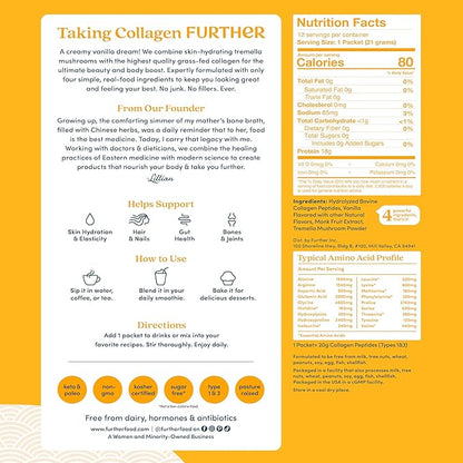 Further Food Vanilla Collagen Peptides Powder Stick Packs, Grass-Fed Pasture-Raised Hydrolyzed Type 1 & 3 Protein, Gut Health + Joint, Hair, Skin, Nails, Paleo Keto Sugar-Free 8.89 oz