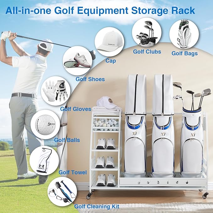 Lauren&Harold Golf Bag Organizer Garage Storage, Golf Storage Rack Stand Fits 2 Golf Bags, Golf Clubs and Other Golfing Equipment Accessories, Golf Organizer for Garage, Club, Shed, Basement