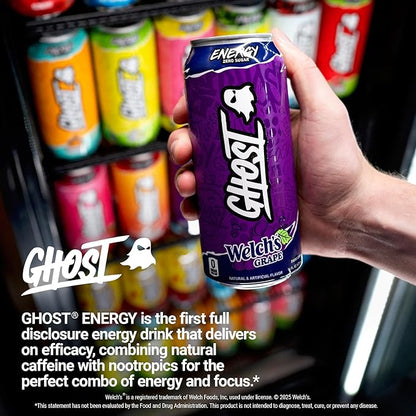 GHOST Energy Drink - 12-Pack, Welch's Grape, 16oz Cans - Energy & Focus & No Artificial Colors - 200mg of Natural Caffeine, L-Carnitine & Taurine - Gluten-Free & Vegan