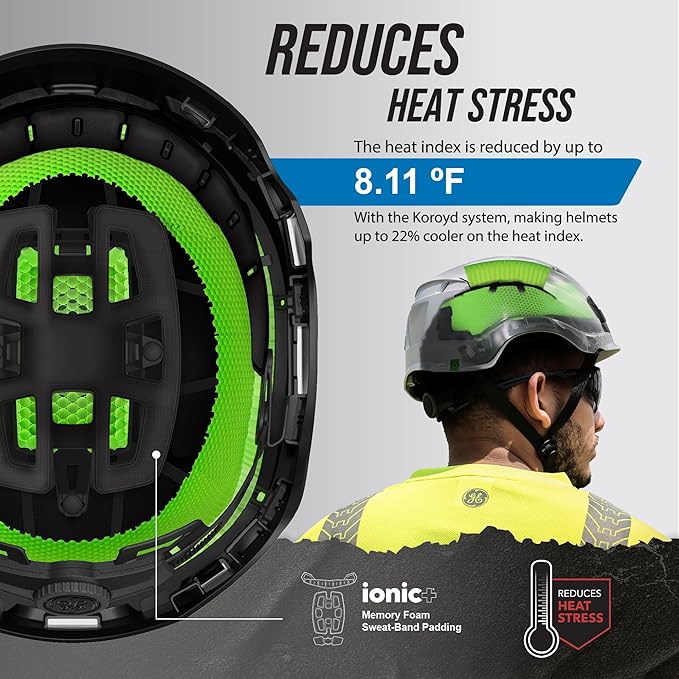 GE Safety Helmet: ANSI Type 2 Class G & E, Advanced Impact Technology, Ultra Comfortable Memory Foam, Heat Stress Reduction, Compatible with Accessories, Adjustable Size OSHA Approved