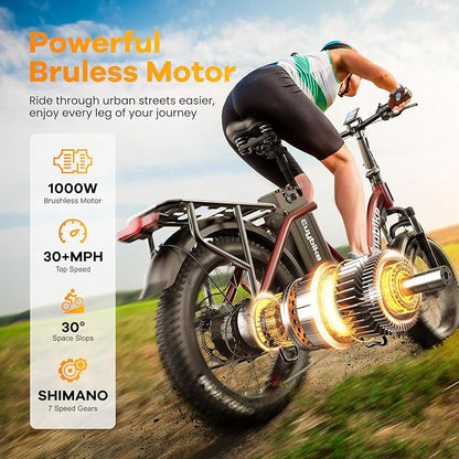 Folding Electric Bike for Adults with Peak 1000W Motor, 48V 20AH Battery up to 30MPH 80 Miles, 20" Fat Tire All Terrain Ebike, Front Suspension 7-Speed Commuter E Bike, Step-Thru, UL Certified