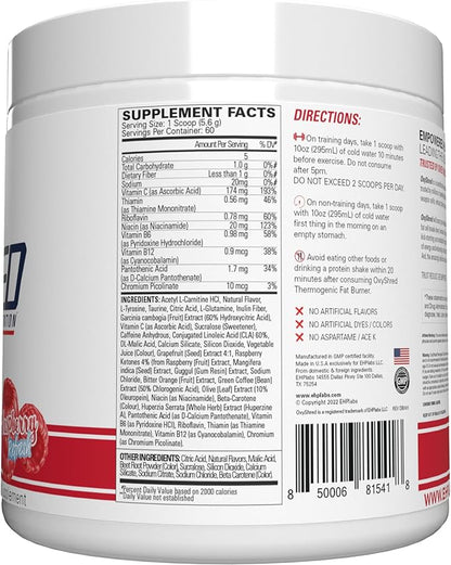 EHP Labs OxyShred Pre Workout Powder - Preworkout Powder with L Glutamine & Acetyl L Carnitine, Energy Boost Drink - Raspberry Refresh, 60 Servings