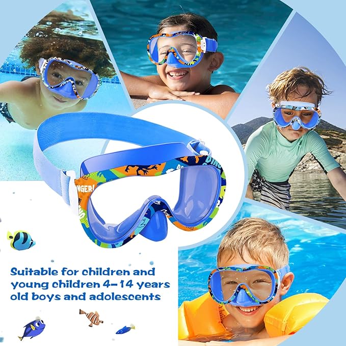 Kids Swim Goggles with Nose Cover, 180° Panoramic Snorkel Mask with Anti-Fog & Anti-Leak Design, Comfort Fabric Strap UV Protection Lens for Boys Girls Ages 3-15