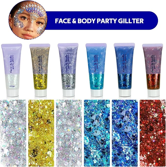 Body Glitter Gel, Face Shimmer Glitters for Women Girls, Long Lasting Sparkly Makeup for Birthday Christmas Festivals, Nails Hair Eyeshadow Paint Accessory (Silver)