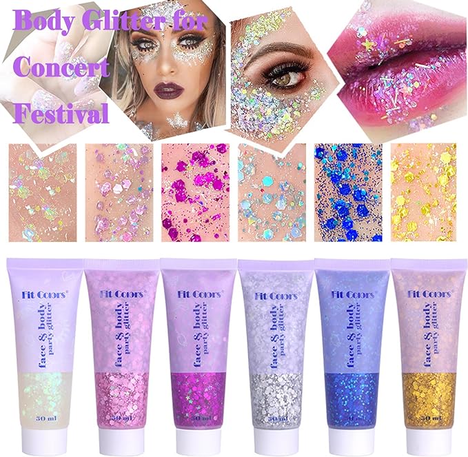 Body Glitter Face Glitter Gel: Singer Concerts Disco Festival Rave Accessories Face Glitter Makeup 150ml Chunky Sequins Mermaid Face Body Hair Glitter Gel (White&Silver&Blue)