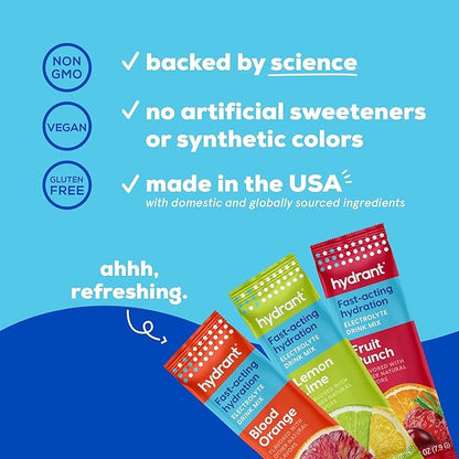 HYDRANT Hydrate Variety 30 Stick Packs, Electrolyte Powder Rapid Hydration Mix, Hydration Powder Packets Drink Mix, Helps Rehydrate Better Than Water
