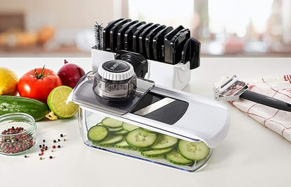 Fullstar Mandoline Slicer for Kitchen, Fruit Cutter, Cheese Grater, Cucumber Slicer, Veggie Spiralizer, Food Cutter & Kitchen Gadgets with Safety Glove (11 in 1, White)