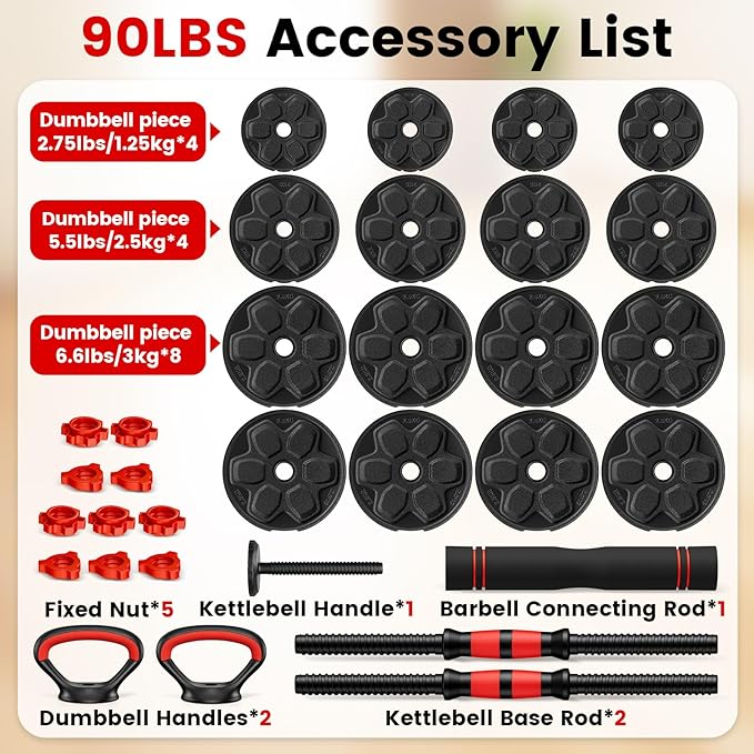 Adjustable Dumbbell Set, 20/33/45/70/90lbs Free Weight Set with Connector, 4 in1 Dumbbells Set Used as Barbell, Kettlebells, Push up Stand, Weight Set for Home Gym Suitable Men/Women