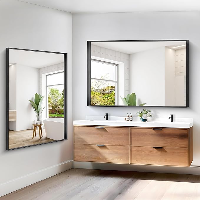 Black Bathroom Mirror, 60x40 Inch Rectangular Framed Mirror, Large Wall Mounted Bathroom Vanity Mirror Over Sink for Bedroom,Restroom, Living Room, Hangs Vertically or Horizontally
