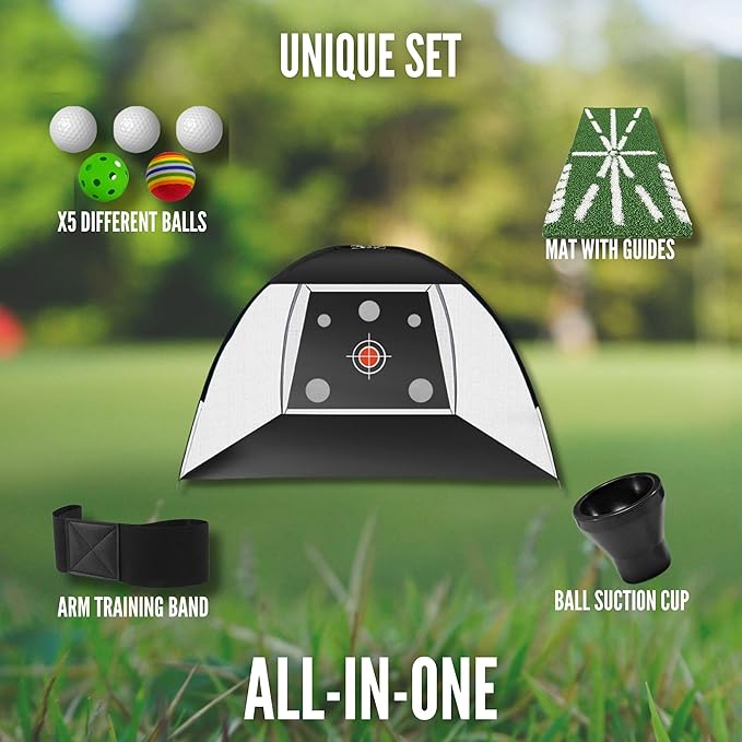 Golf Net 10x7ft – All-in-One Indoor/Outdoor Practice net with Multiple Targets, Heavy-Duty Base, tee, Balls & Bag for Driving, Chipping & Swing Training for Golf Lovers & dads.