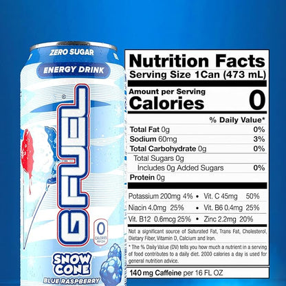 G Fuel Energy Drink, Snow Cone, Sugar Free Beverage with 300mg Caffeine, Daily Energy Boost with Focus Amino, Vitamin + Antioxidants, 16 oz Cans (Snow Cone, 12-Pack)