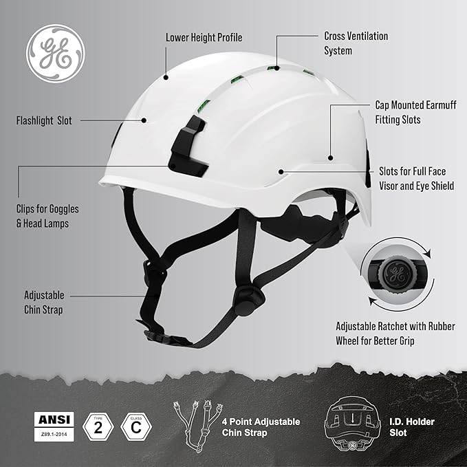 GE Safety Helmet: ANSI Type 2 Class G & E, Advanced Impact Technology, Ultra Comfortable Memory Foam, Heat Stress Reduction, Compatible with Accessories, Adjustable Size OSHA Approved