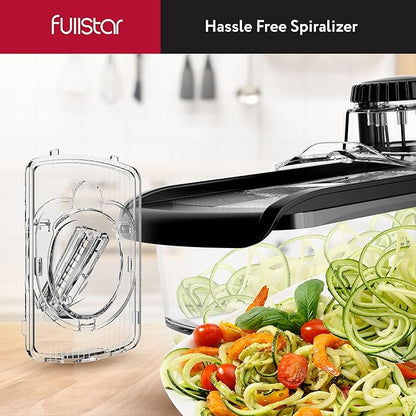 Fullstar Mandoline Slicer for Kitchen, Fruit Cutter, Cheese Grater, Cucumber Slicer, Veggie Spiralizer, Food Cutter & Kitchen Gadgets with Safety Glove (6 in 1, Clear)