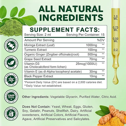 (2 Pack) Organic Moringa Liquid Drops, Moringa Supplement with Turmeric, Black Pepper, Grape Seed Extract, Pure Moringa Oleifera Leaf Extract for Skin, Gut, Immune Support, More Potency Than Powder