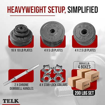 TELK – Adjustable Dumbbell Set – Home Gym Weight Set with Baked Enamel Cast Iron Plates – Space-Saving Free Weights for Strength Training
