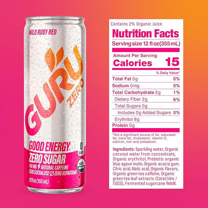 GURU ZERO SUGAR Wild Ruby Red Organic Energy Drinks, Clean Energy Drink with Plant Based Natural Caffeine from Green Tea, Coconut Water, Prebiotic, Zero Added sugars, Gluten Free and Vegan, Pre Workout, Healthy Drinks, 12oz (Pack of 24)