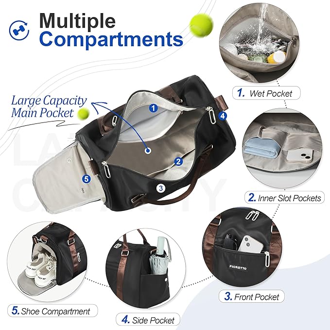 FIORETTO Womens Gym Tote Duffle Bag with Wet Pocket & Shoe Compartment, Sports Duffel Overnight Weekender Hospital Workout Carry on Bag for Girls, Ideal for Travel, Swimming, Dance, Ballet Black