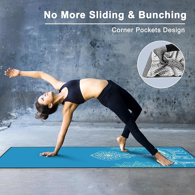 QiyI Yoga Mat Towel with Corner Pockets, Non Slip Sweat Absorbent Hot Yoga Towels, Soft Yoga Blankets with Travel Bag, Skidless Mat Cover for Workout, Gym, Fitness - 70"x26", Blue Mandala Elephant