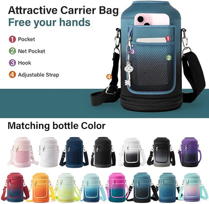 Insulated Water Bottle | Thickened Stainless Steel Vacuum Metal | Portable Sports Half Gallon Large Water Jug for Gym and Hiking with Straw, Carrier Bag, Handle Strap | BPA-Free 64 oz