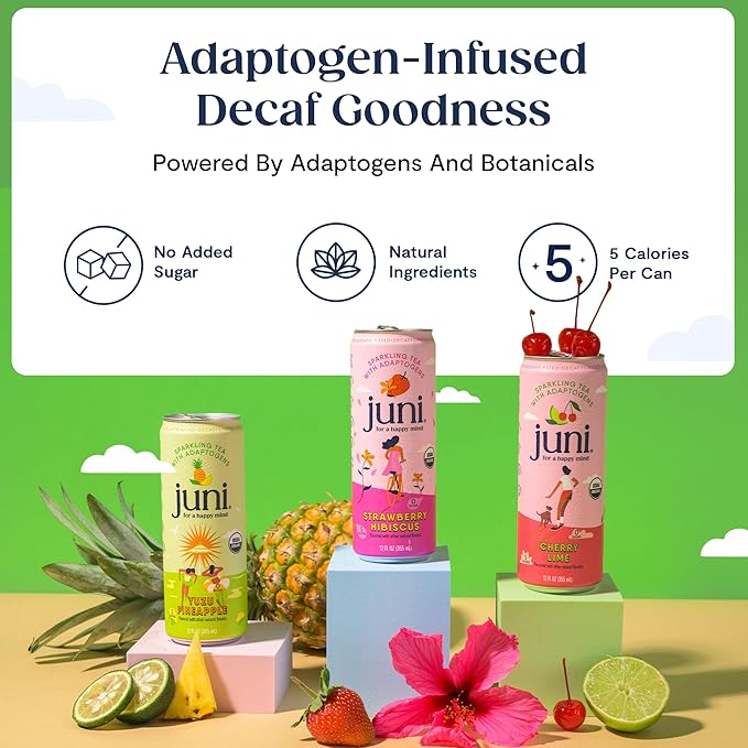 Juni Sparkling Adaptogen Drink with Ashwagandha, Lion’s Mane & Reishi Mushrooms | Green Tea for Focus, Zero Sugar, 5 Calories | Decaffeinated, Non Alcoholic Drinks - Cherry Lime 12 pack