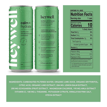 Heywell Sparkling Adaptogenic Water Calm and Restore, Lime Flavor 12 Fluid Ounce (Pack of 12) - Non Caffeinated, Organic, Non GMO, Vegan, Gluten Free, Dairy Free