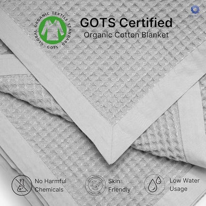 GOTS Certified Organic Cotton Waffle Weave Blanket, Queen Bed Size, 90"X90"Cozy Throw Blanket for Couch, Modern Home Decor, Throw Blankets,Waffle Blanket, Soft Bed Blankets -Scottish Grey