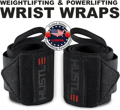 Hustle Athletics Wrist Wraps for Weightlifting – Max Wrist Support for Safe & Heavy Lifts, USPA Approved 18" & 12" Lengths, Thumb Loop Gym Straps for Powerlifting & Weight Lifting for Men and Women