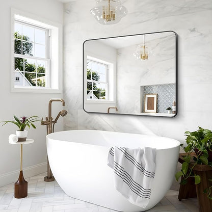 48x48 inch Bathroom Mirror,Black Rectangle Mirror,Wall Mounted Bathroom Frame Vanity Mirror with Round Corner for Bedroom Living Room,Entryway Hangs Horizontal or Vertical