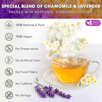 FreshDrinkUS, Premium 60 Chamomile Lavender Tea Bags, Calming Herbal Blend Strong Support for Relaxation & Better Sleep | Naturally Caffeine-Free Bedtime Tea with Soothing Floral Aroma, 100% Natural, Hand-made No Sugar/ Caffeine/ Gluten, Vegan