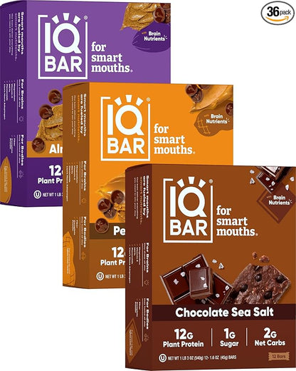 IQBAR Brain and Body Plant Protein Bars - Chocolate Lovers Variety - 36-Count Low Carb - Gluten Free, High Fiber, Vegan Snacks - Low Sugar Meal Replacement
