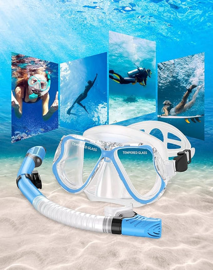Greatever Dry Snorkel Set,Panoramic Wide View,Anti-Fog Scuba Diving Mask,Professional Snorkeling Gear