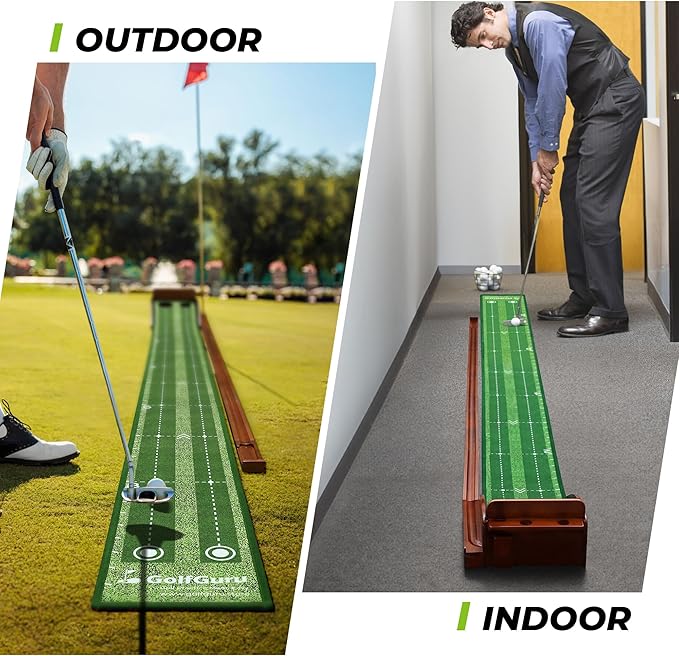 Golfguru Putting Green, 9.8ft Golf Putting Mat with Automatic Ball Return Track & Putting Mirror, Indoor Putting Greens for Home with Thickened Wrinkle-Free Crystal Velvet, Golf Accessories for Men