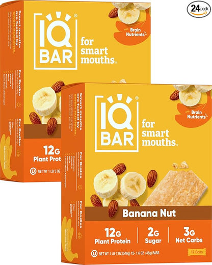 IQBAR Brain and Body Plant Protein Bars - Banana Nut - 24-Count Low Carb - Gluten Free, High Fiber, Vegan Snacks - Low Sugar Meal Replacement