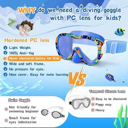 Kids Swim Goggles with Nose Cover, 180° Panoramic Snorkel Mask with Anti-Fog & Anti-Leak Design, Comfort Fabric Strap UV Protection Lens for Boys Girls Ages 3-15