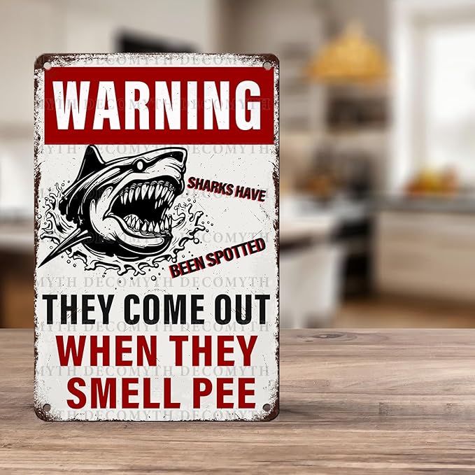 Funny Warning Sharks Have Been Spotted in This Pool They Come Out When They Smell Pee Tin Sign for Swimming Pool Beach Water Park Decor Outdoor 12 * 8inch