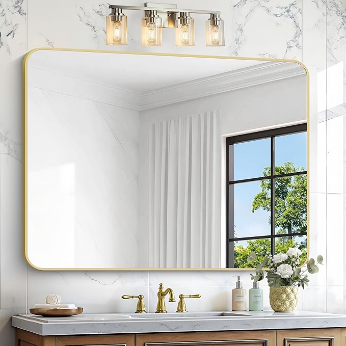 Gold Bathroom Mirror,36x48 inch Wall Mirror for Bathroom Wall Mounted,Round Rectangle Mirror for Bathroom Over Sink,Modern Frame for Home Decor Living Room,Bedroom Entryway,Horizontal/Vertical