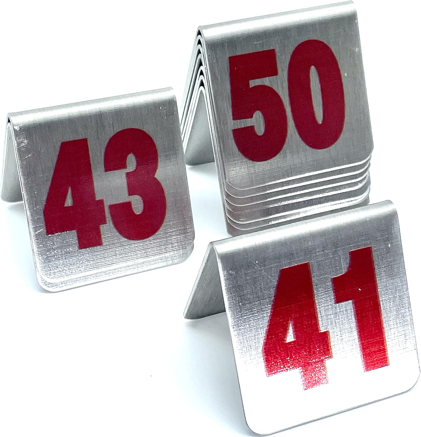 10 Pcs Metal Place Cards Stackable Tent Style Table Numbers，Place Card Holders for Celebration Wedding Party Restaurants Cafes Bars Gatherings meeting Room Board Game Serial (Small 41-50, Red)