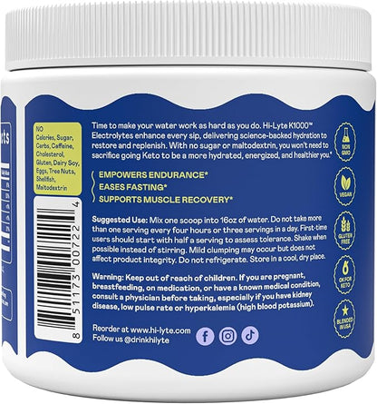 Hi-Lyte Keto K1000 Electrolyte Powder | Unflavored | Hydration Supplement Drink Mix | Boost Energy & Beat Leg Cramps | No Sugar, Stevia, Maltodextrin | 50 Servings
