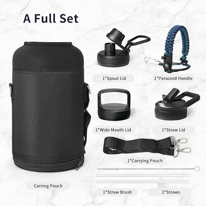 Trebo Insulated Water Bottle 64 oz, Half Gallon Metal Vacuum Water Jug with Handle and 3 Lids, Leakproof BPA-Free Water Flask for Gym Sports Hiking Travel, Keep Cold 48 Hours, Cyan Blue