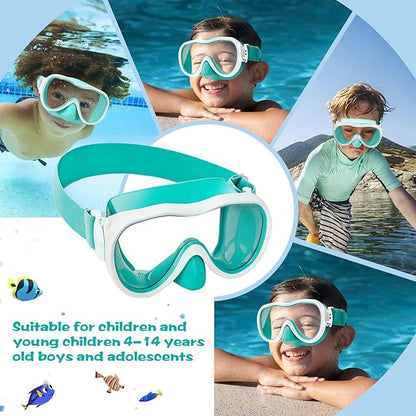 Kids Swim Goggles 180° Snorkel Diving Mask with Nose Cover, Anti-Fog Kids Swimming Goggles with Elastic Fabric Strap for Kids Boys Girls