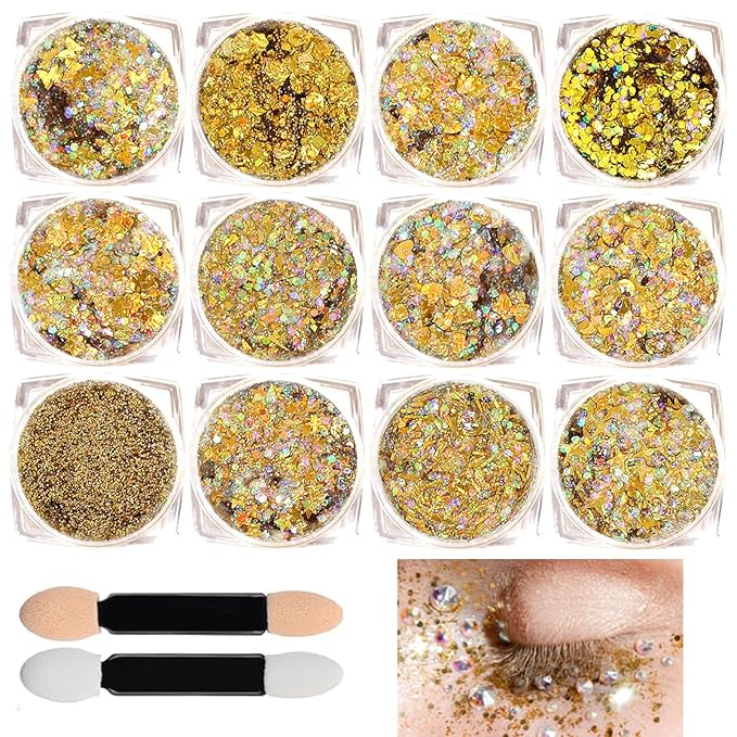 Body Glitter Face Glitter, Hair Glitter for Kids, 12 Shapes Fine Chunky Glitter Gel for Women Girls Makeup Sparkles Party Mermaid Sequins Rave Accessories Singer Concerts Festival (Gold Scheme)