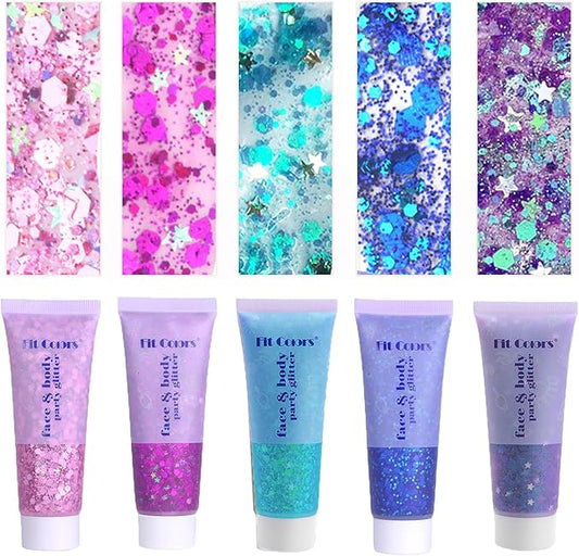 Face Body Glitter, Hair Glitter Sparkles Chunky Face Glitter Gel for Girls Makeup Singer Concerts Mermaid Festival Sequins Face Paint (Pink+Blue+Purple+Rose+Light Blue)