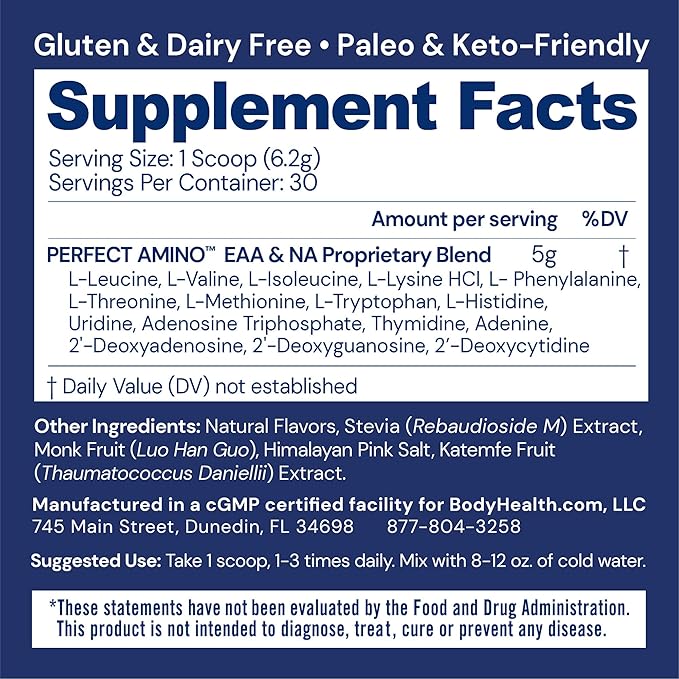 BodyHealth PerfectAmino Powder - BCAA and EAA Powder for Pre and Post Workout - Amino Acid Energy Drink for Men and Women to Support Lean Muscle and Recovery - Vanilla - 30 Servings