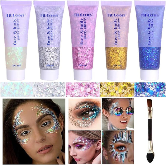 Body Glitter Face Glitter Gel: Singer Concerts Disco Festival Rave Accessories Face Glitter Makeup 150ml Chunky Sequins Mermaid Face Body Hair Glitter Gel (White&Silver&Pink&Gold&Blue)