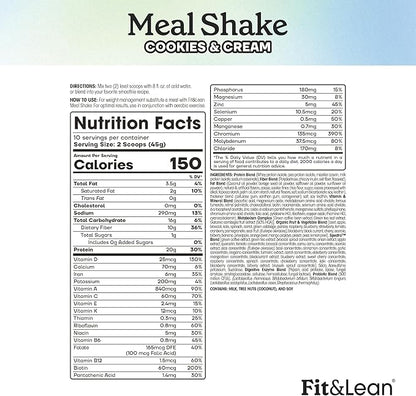 Fit & Lean Meal Shake, Fat Burning Meal Replacement, Meal Replacement with Protein, Fiber, Probiotics and Organic Fruits & Vegetables, Cookies and Cream, 1lb, 10 Servings Per Container