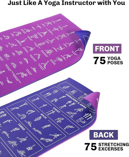 Instructional Travel Yoga Mat with 75 Poses & Exercises - Non-slip Exercise Mat for Home Workout, Includes Carrying Bag - Perfect for Beginners, 68"x24"x0.25"